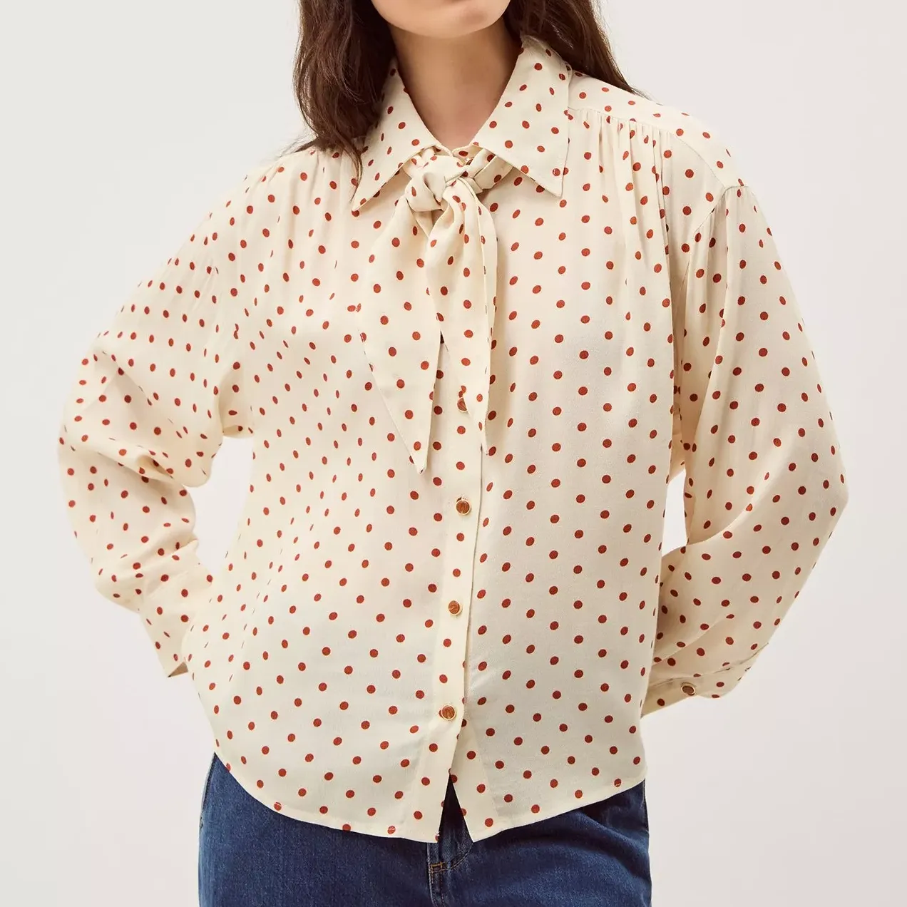 Monsoon Esme Long Sleeve Polka Dot Shirt, Ivory