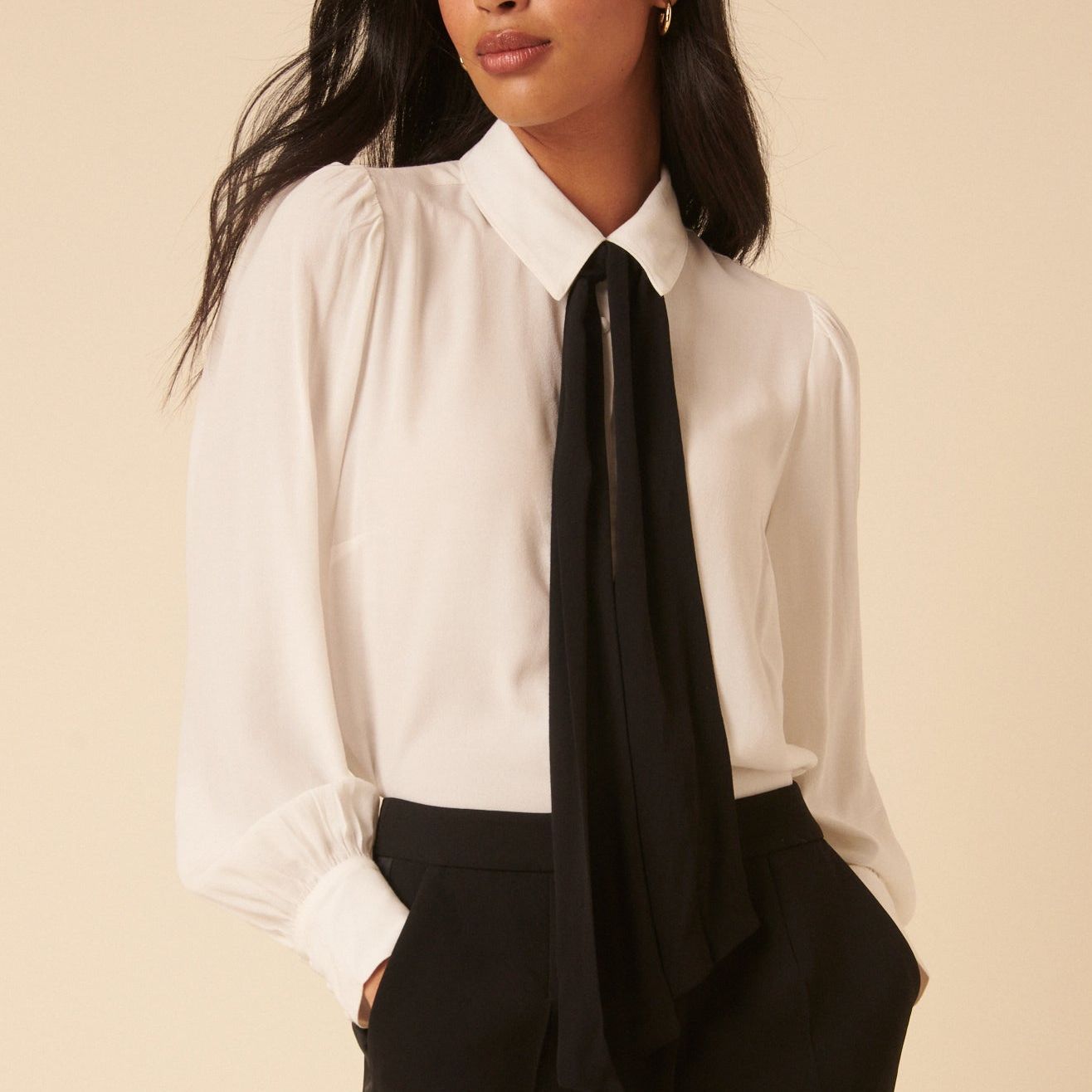 White Bow Tie Neck Blouse