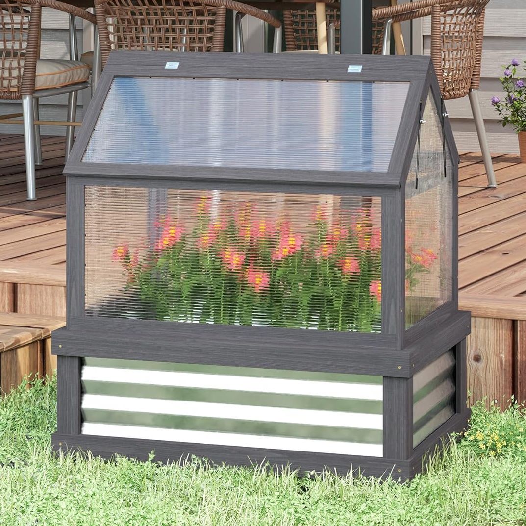 Outsunny, Outsunny Raised Garden Bed With Polycarbonate Greenhouse, Wooden Cold Frame Greenhouse, Garden Flower Planter Protection, Peak Roof, 35.5&quot; X 22.5&quot; X 38.25&quot;, Gray
