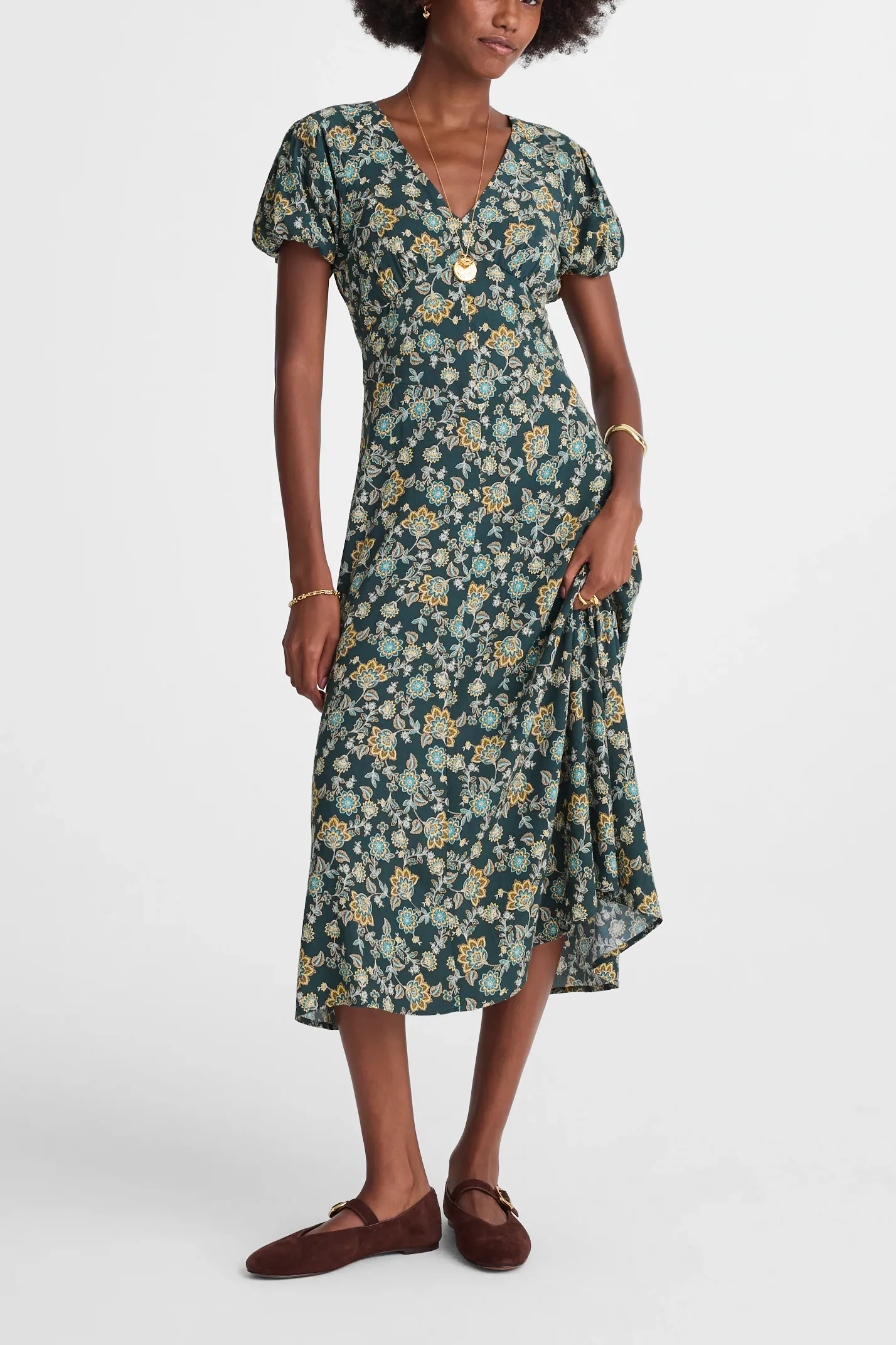 Seamed Puff-Sleeve Midi Dress in Floral