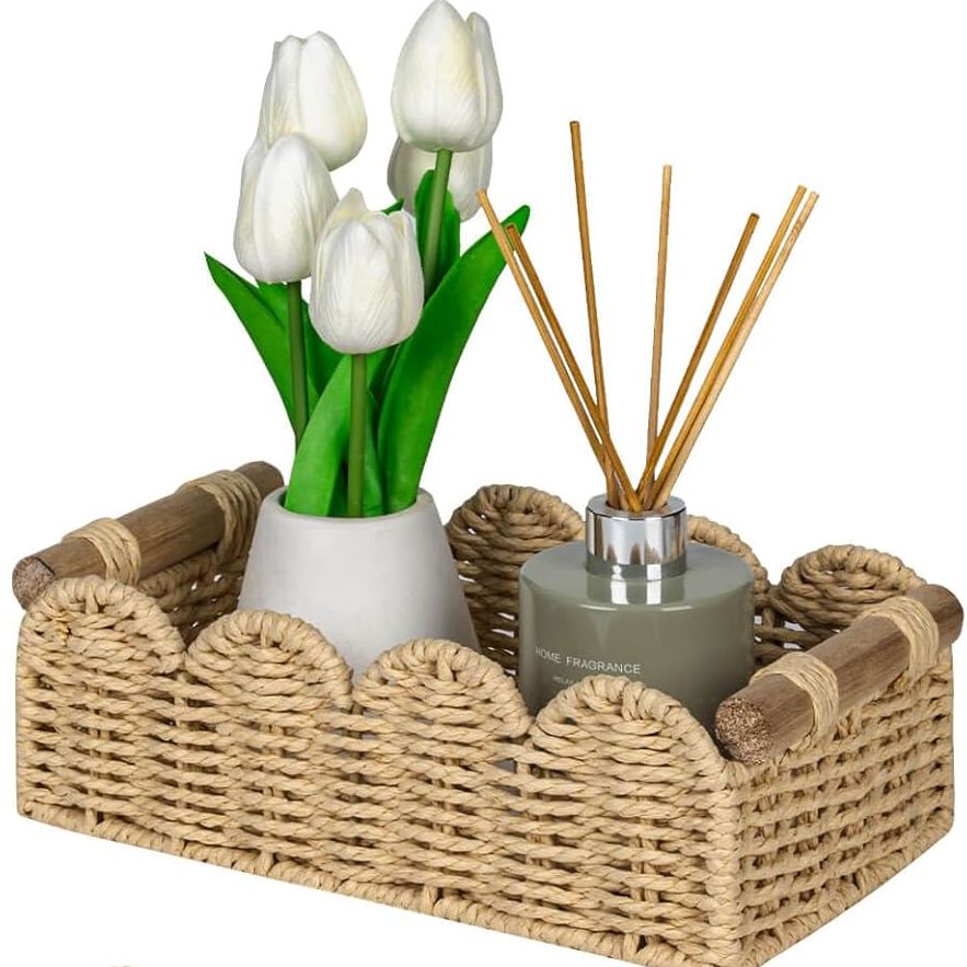 Cubesland Paper Rope Scalloped Edge Decor Baskets for Home, Living Room, Bedroom, Toilet Basket for Over Toilet Storage Shelf, End Table, Shelves and More, Both Storage&amp;amp;decor, Set 2 Neutral