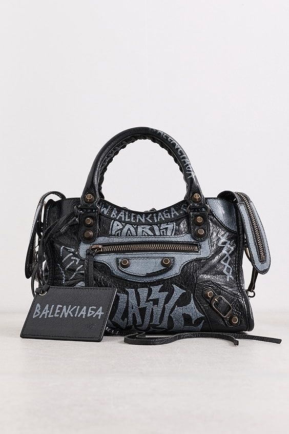 Balenciaga Agneau Graffiti Classic Hardware City Shoulder Bag - Black