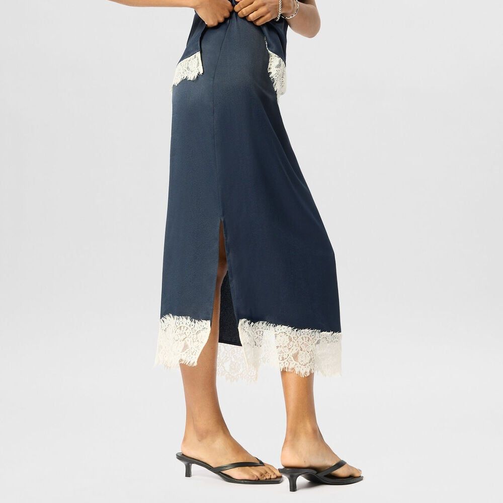 Navy Lace Hem Satin Midi Skirt
