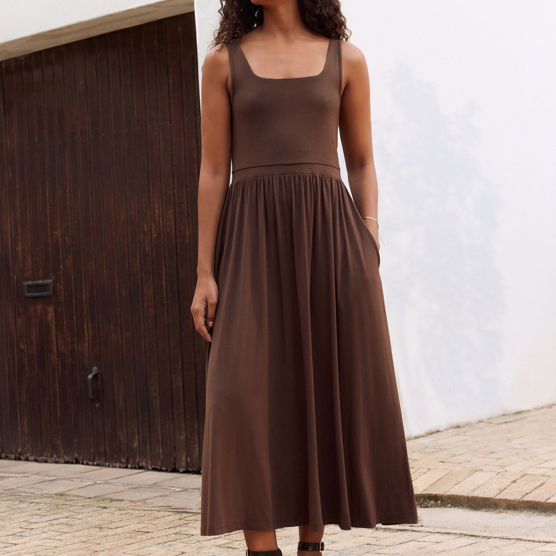 Chocolate Brown Jersey Waisted Summer Dress