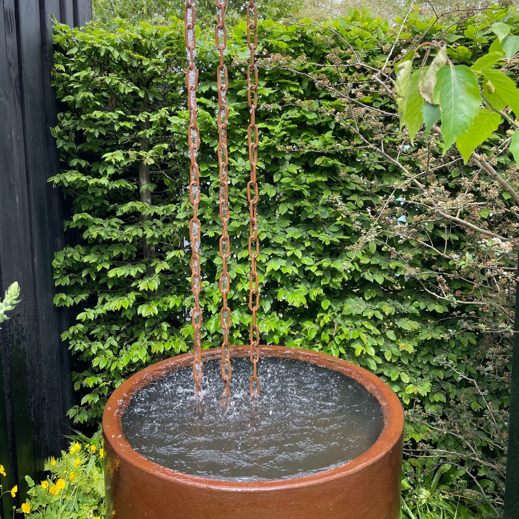 The rain and chain barrel water feature at RHS Chelsea Flower Show