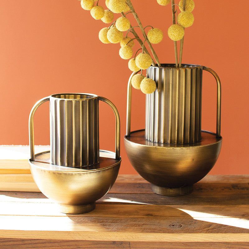 Brass Finish Vases With Handles, Set of 2