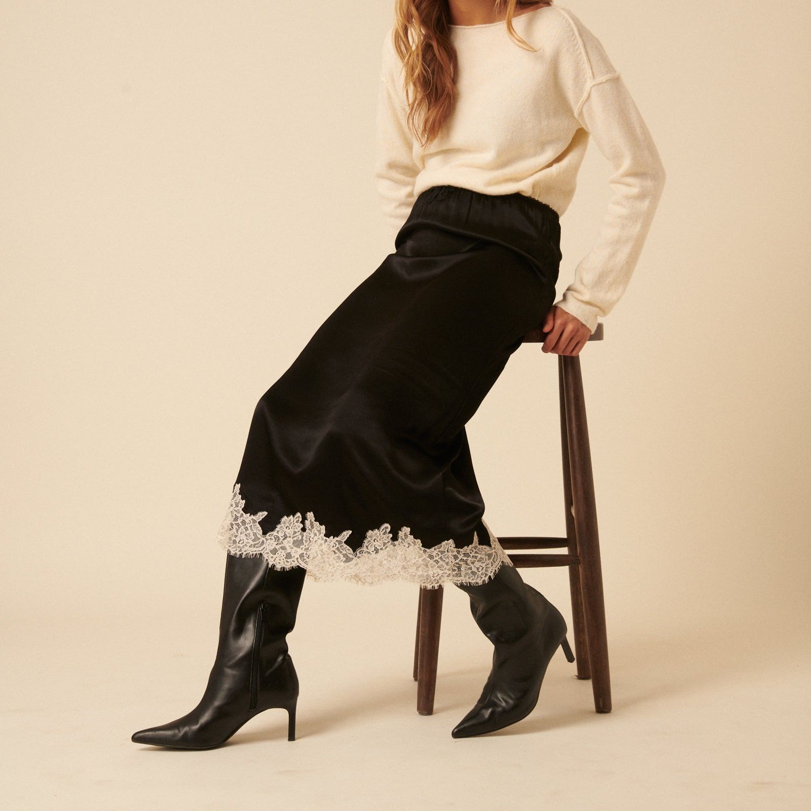 Black Lace Trim Satin Midi Skirt