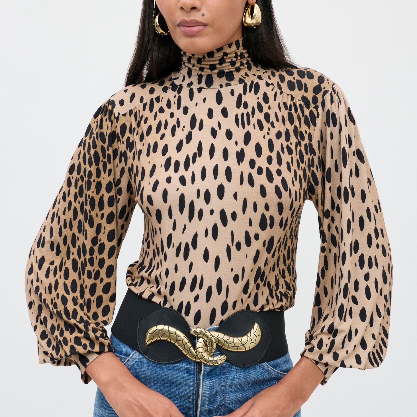 Suki Jersey Top in Brown Antelope Spot Jacquard Black