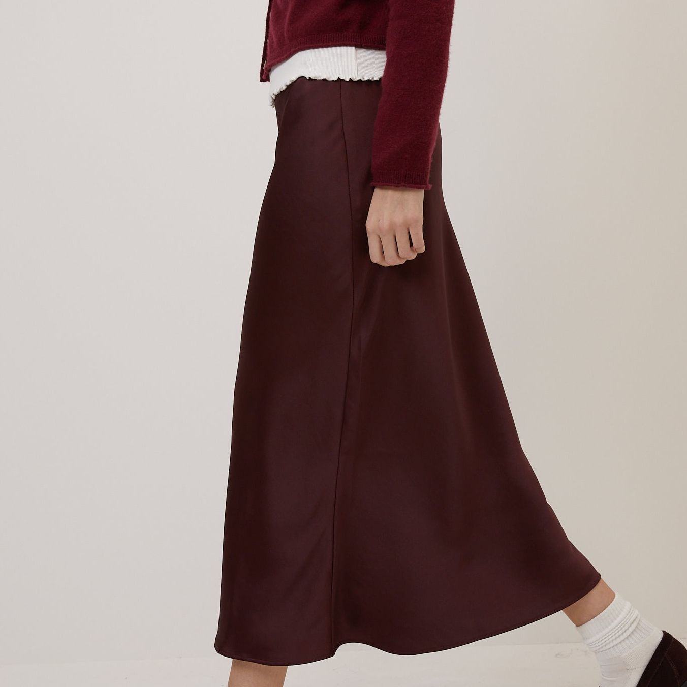 Burgundy Satin Mila Midi Slip Skirt