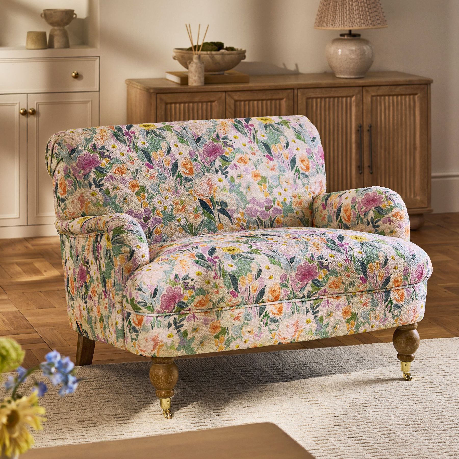 Boucle Chenille Picnic Floral Print Multi Lilly Snuggle Seat Armchair - Size One