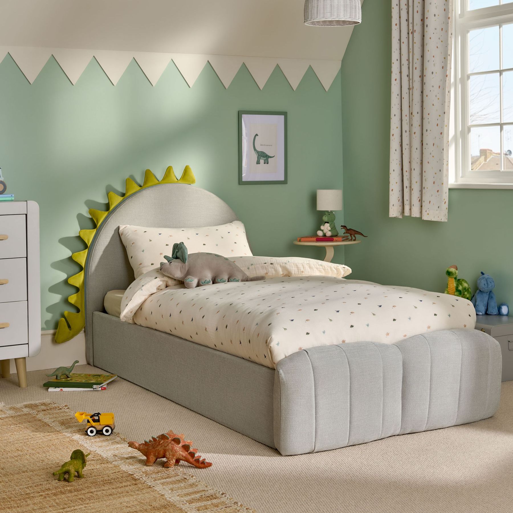 Soft Texture Light Grey Dinosaur Drawer Single Bed Frame