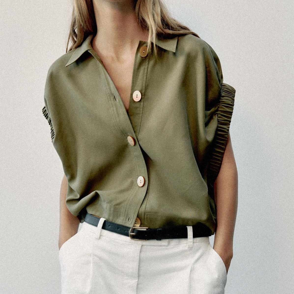 Draped Sleeve Shirt - Light Khaki - Xs