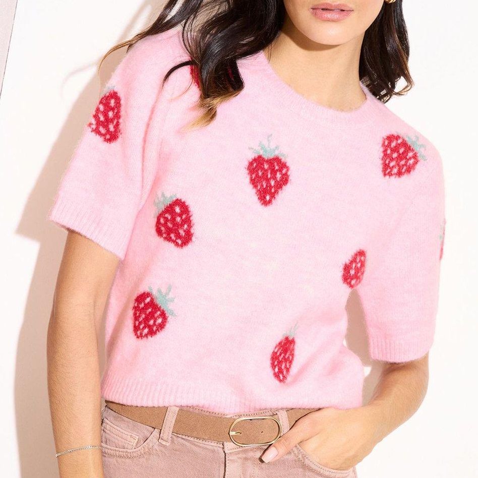Short Sleeve Strawberry Knit Top - Pink - Pink - 8