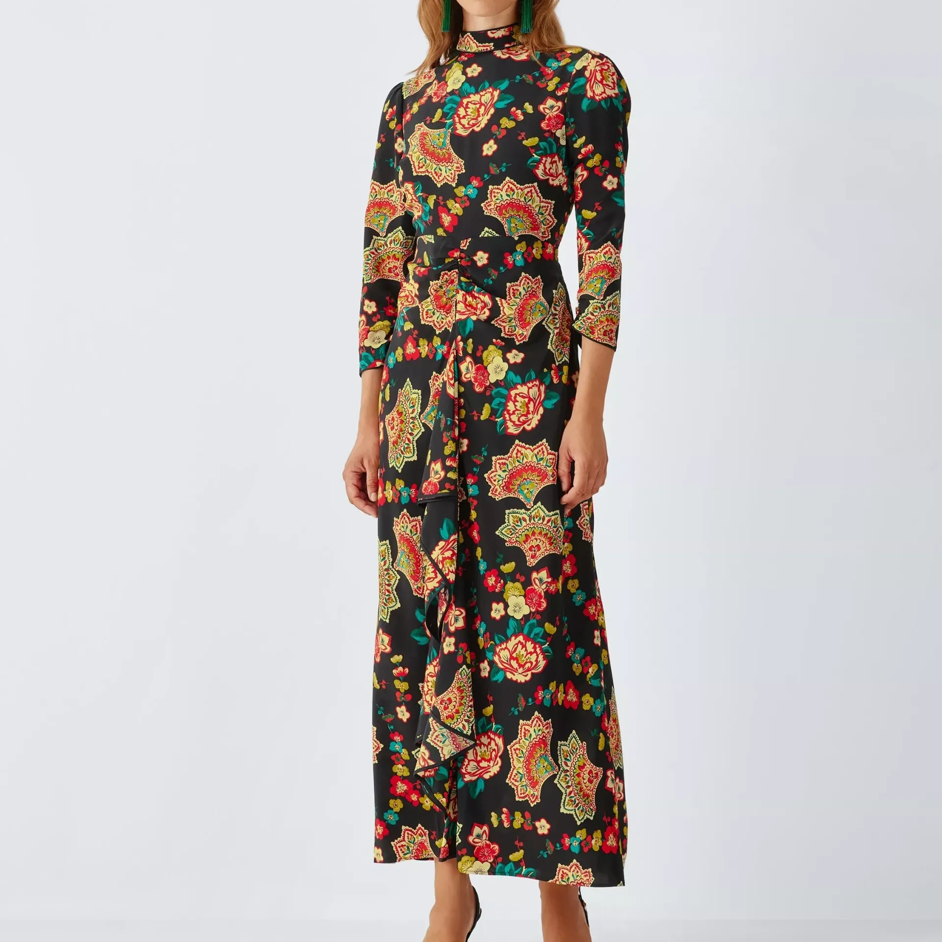 John Lewis X Rixo Lucy Pure Silk Floral Maxi Dress, Black/multi