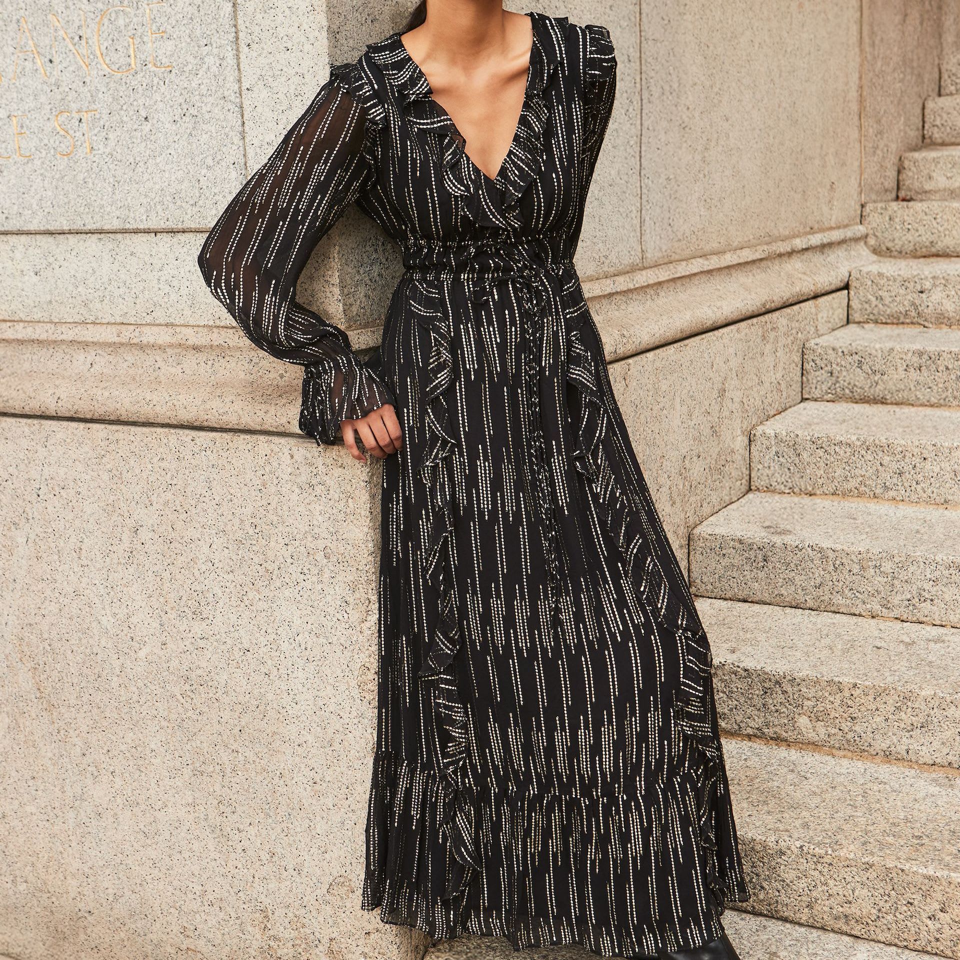 Gold Foil Tie Waist Midaxi Wrap Dress