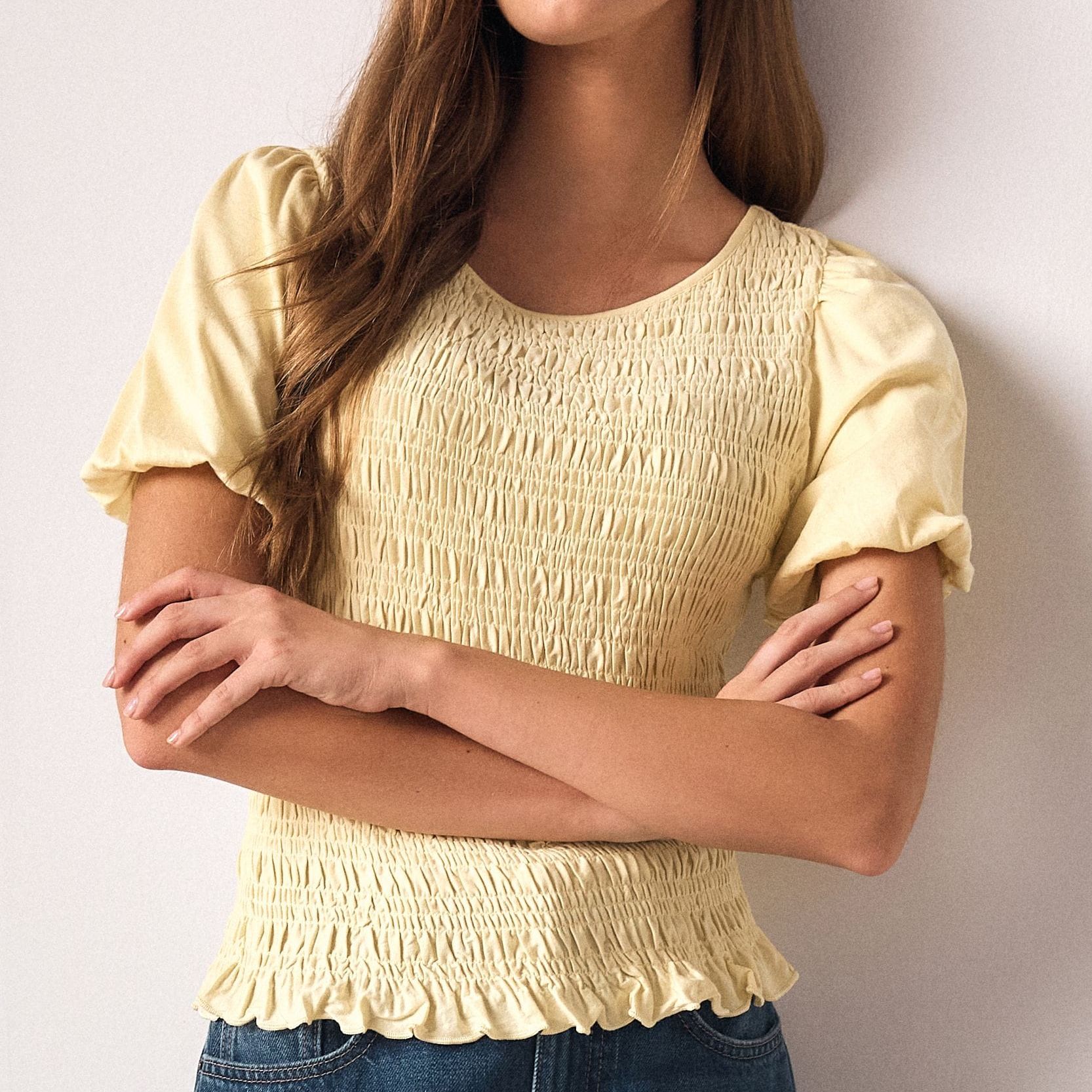 Lemon Yellow Shirred Short Sleeve Crew Neck Top