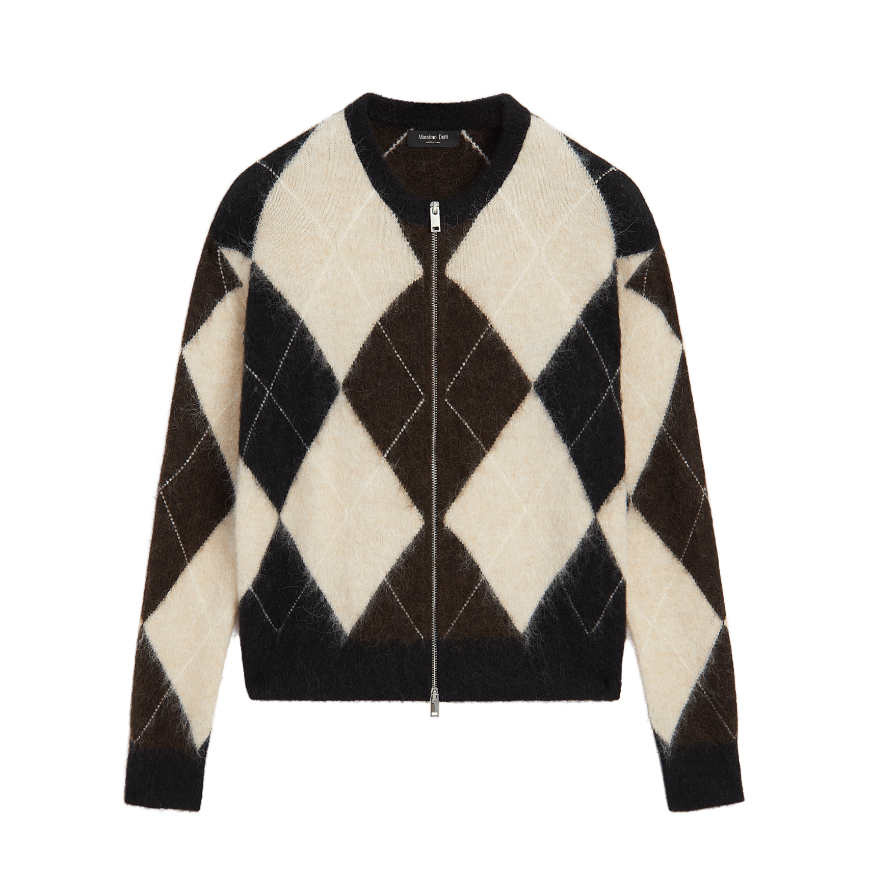 Wool-Blend Zip-Up Cardigan With Diamond Pattern