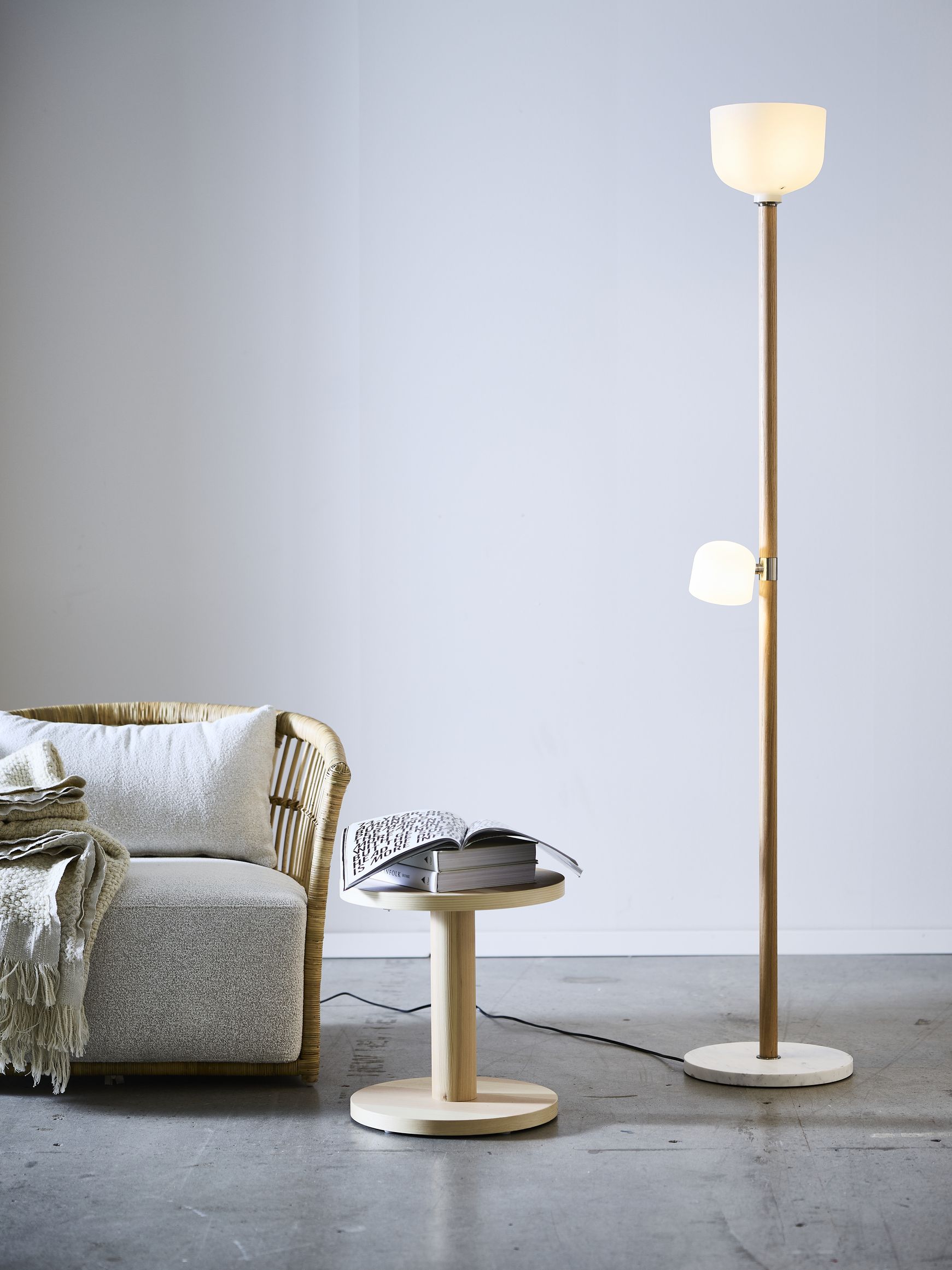 IKEA, MOSSPLYM Floor Uplighter/Reading Lamp in Opal White Glass/Oak
