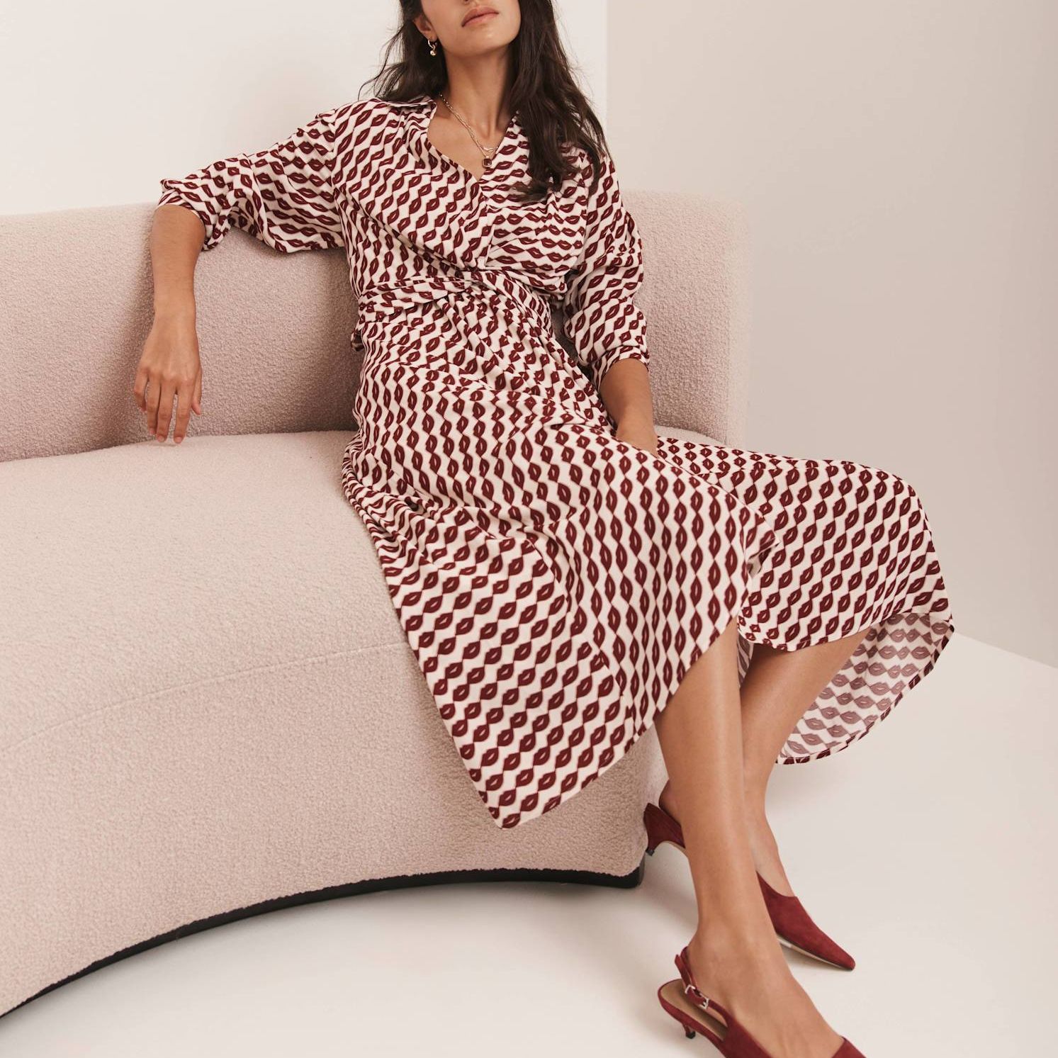 Red Lip Print Midi Shirt Dress