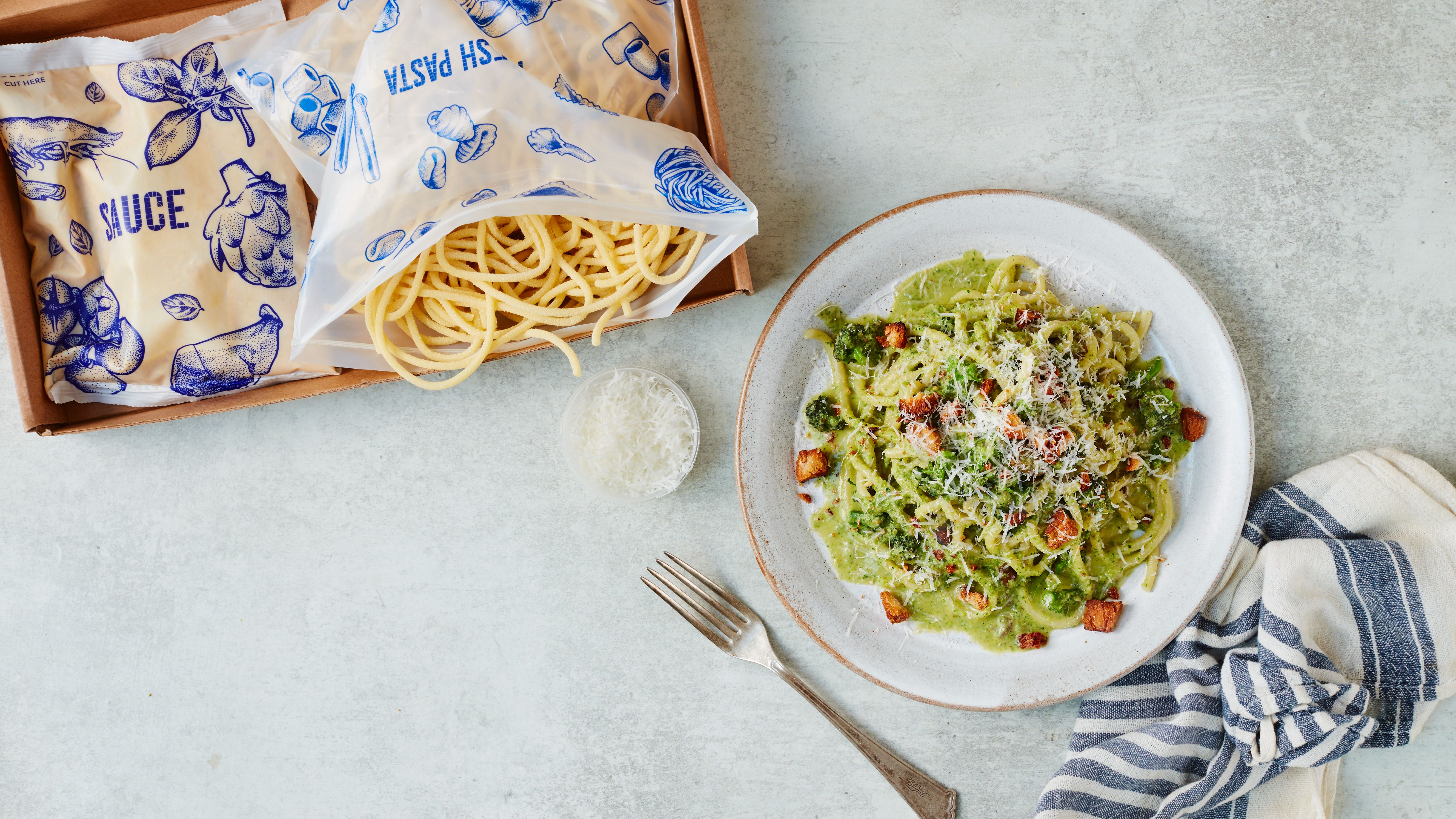an image of a Nonna Tonda pasta dish, and a box of their homemade pasta next to it
