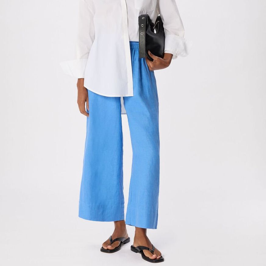 Blue Elasticated Linen Crop Trouser