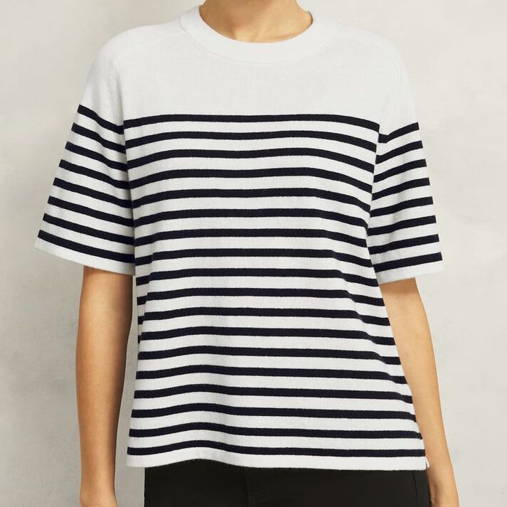 Ivory Striped Demi Wool Blend Short Sleeve Knitted T-Shirt