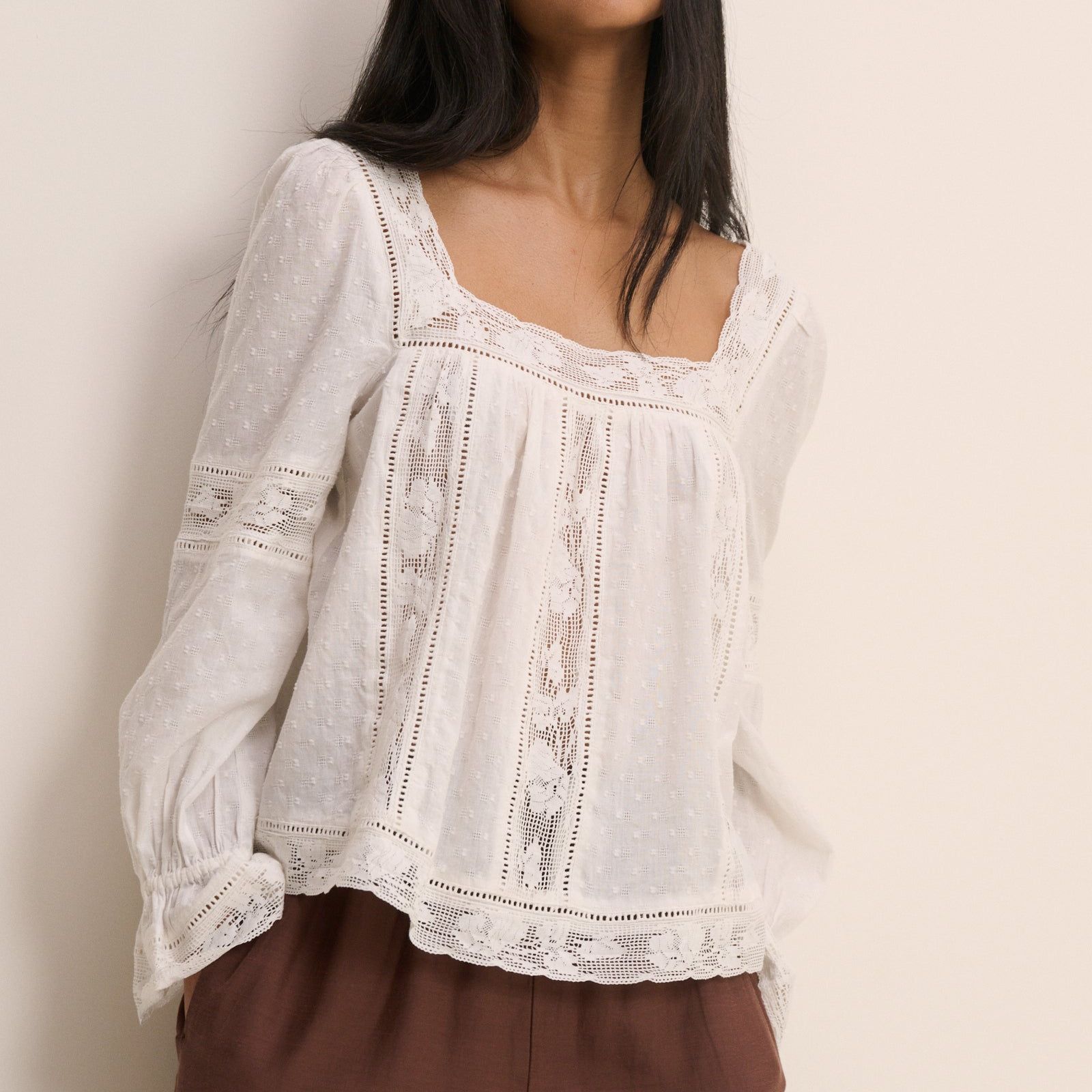 White Lace Trim Long Sleeve Blouse