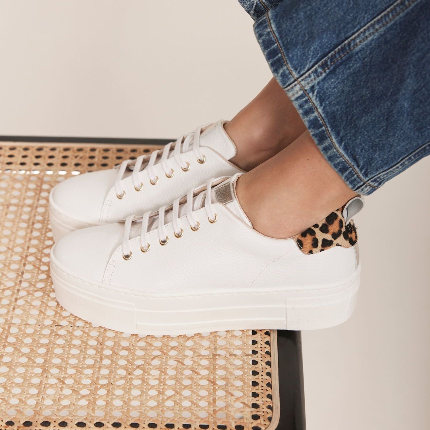 Belle White Platform Leopard Trainers