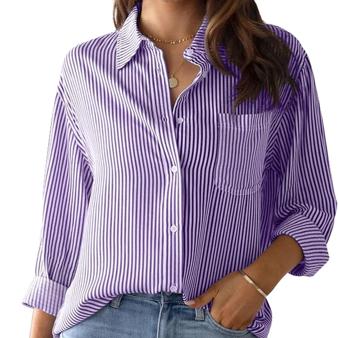 Mintlimit Women&#039;s Striped Button Down Shirts Long Sleeve Casual Blouse Tops With Pockets for Women 2024 Purple