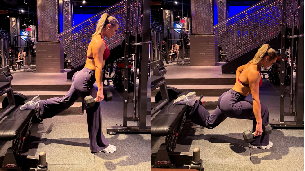 Harriet Harper performs a Bulgarian split squat. The collage shows two images, in the first Harriet stands on her right leg with her left leg behind her, placed on a weight bench. In the second, she is bending her right knee so that she is squatting down over her right foot, with the left leg still elevated and a dumbbell in her right hand.