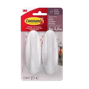 Command Designer Hooks, Large, White, 2 Hooks, 4 Strips, Holds 5 Lbs