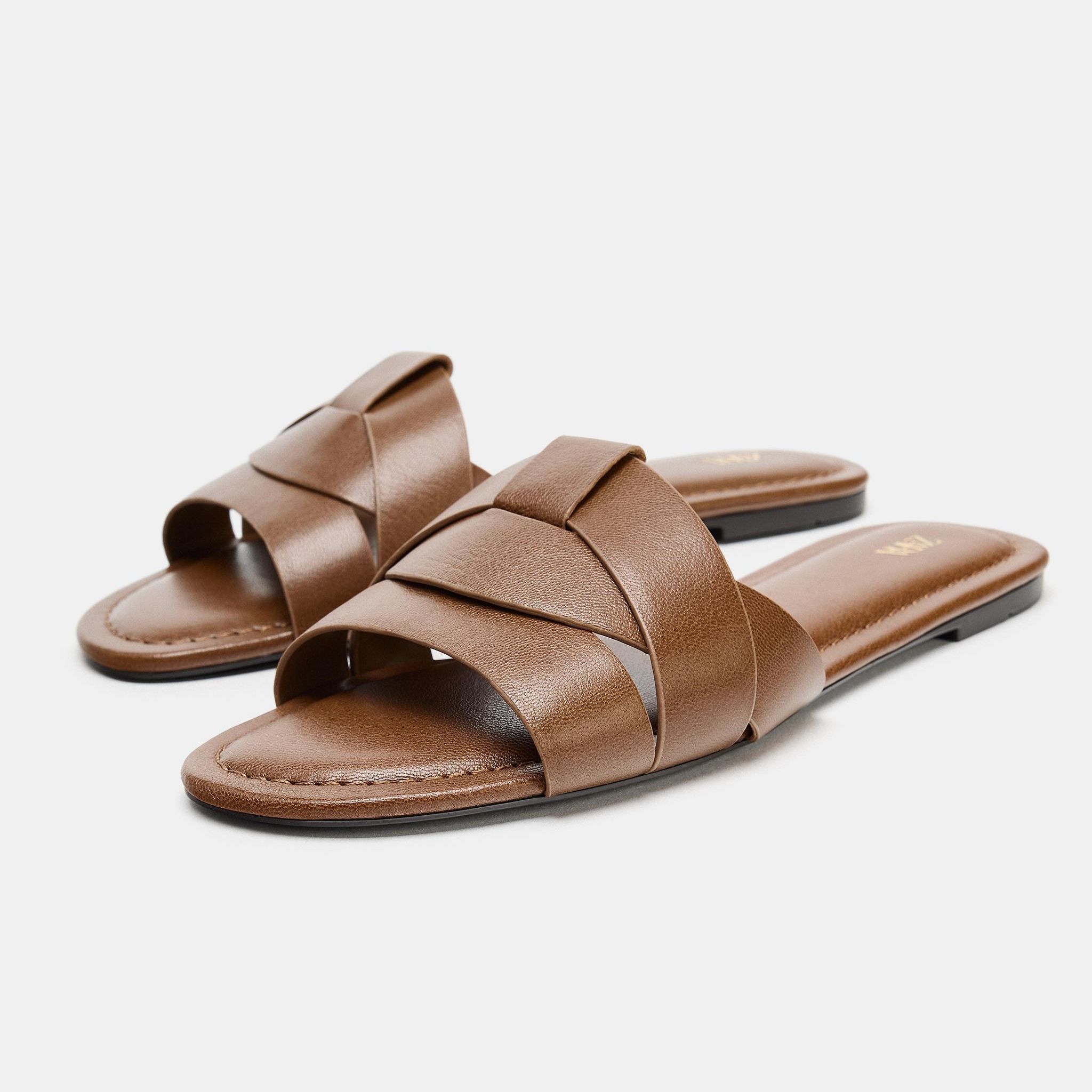 Crossed Flat Leather Sandals - Brown - 2