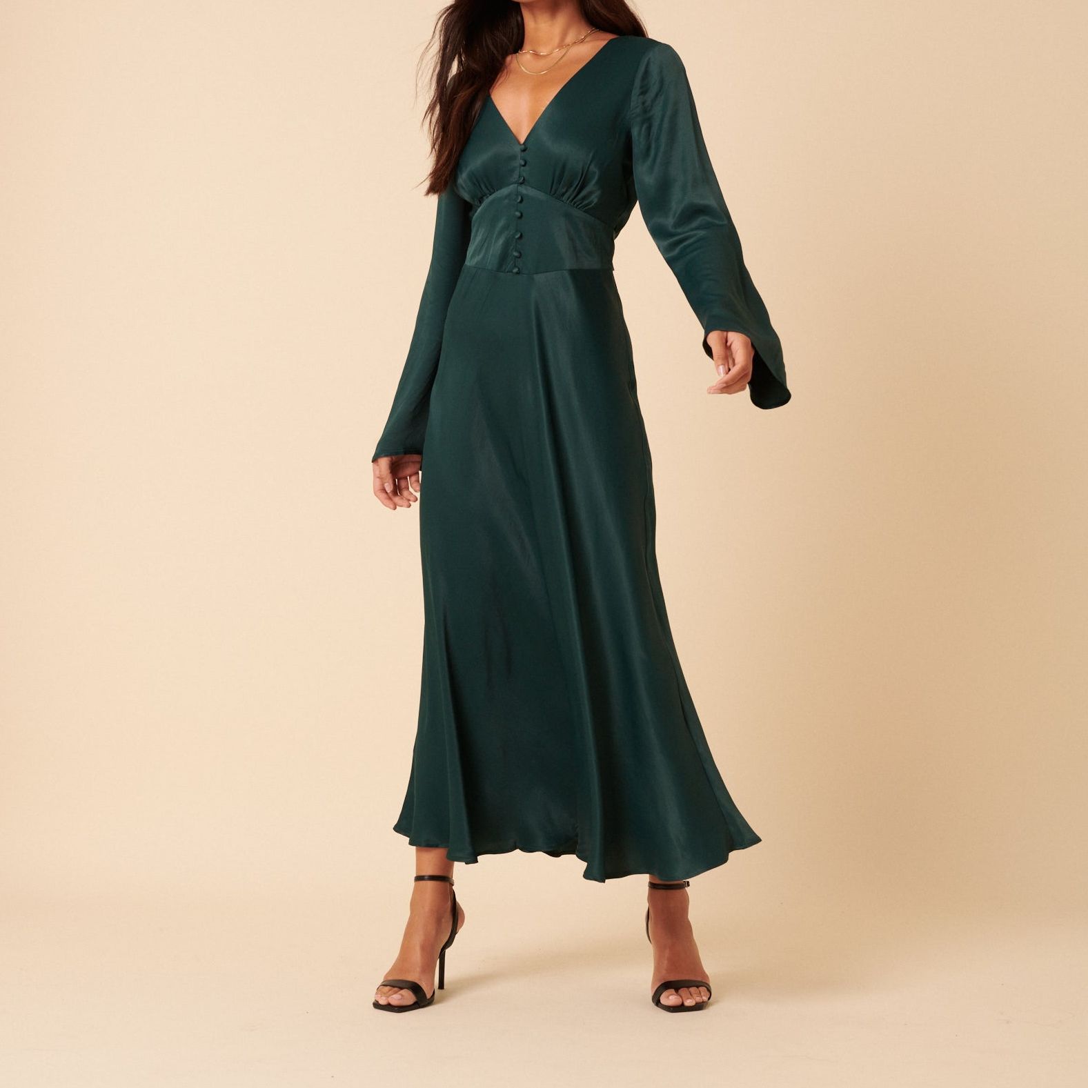 Forest Green Satin Long Sleeve Stella Midi Dress