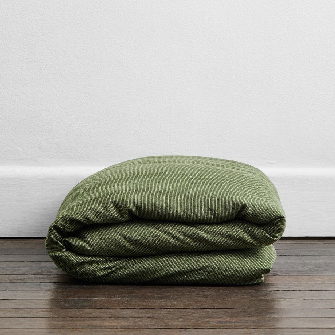 Olive Stripe 100% French Flax Linen Duvet Cover