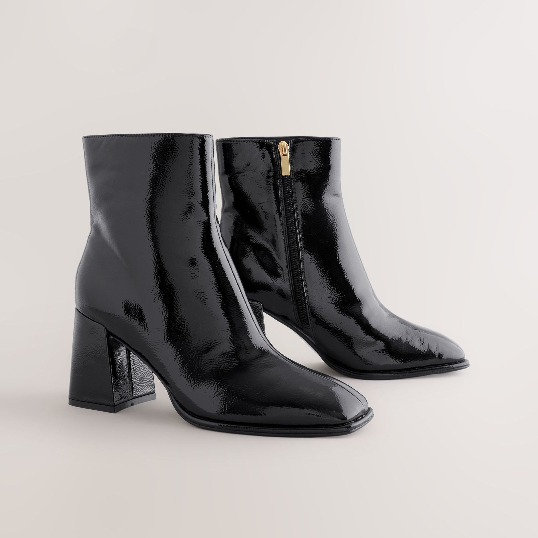 Black Patent Forever Comfort&amp;reg; Square Toe Block Heel Ankle Boots