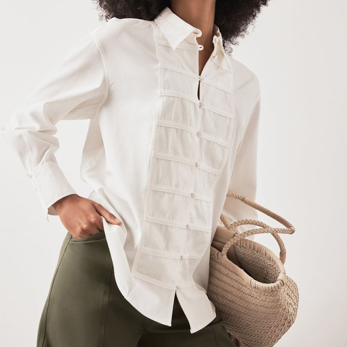 White Cotton Blend Knot Button Shirt