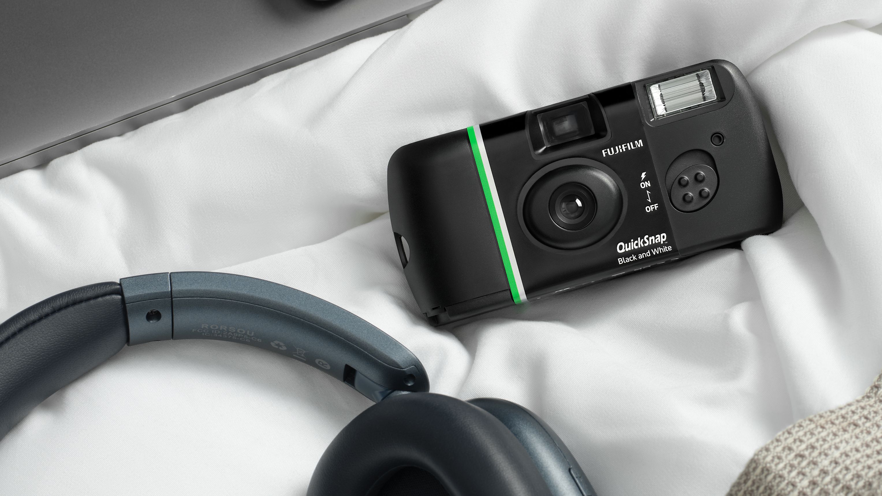 The Fujifilm QuickSnap black and white on a blanket
