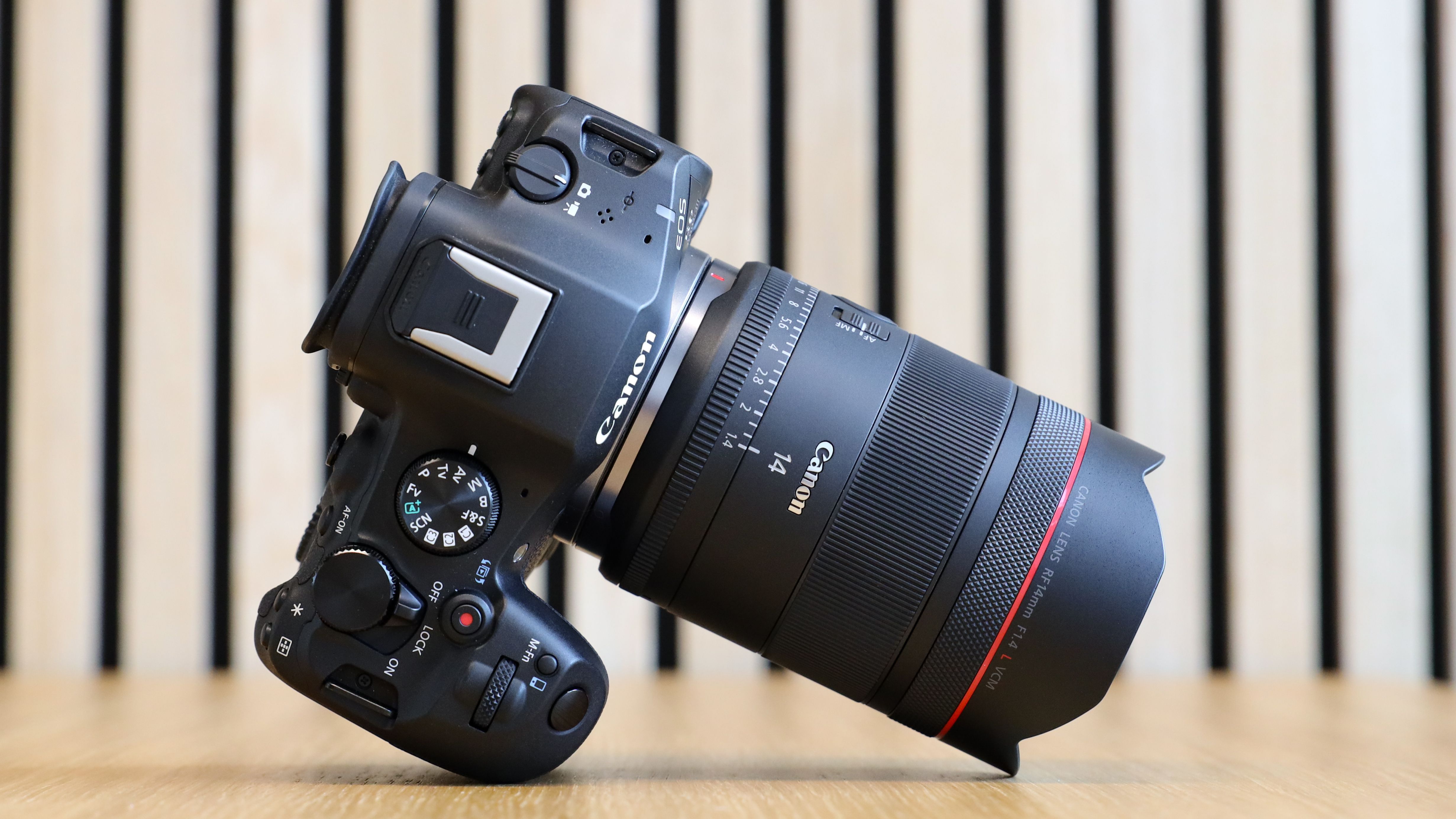 Canon EOS R6 Mark III camera with Canon RF 14mm f/1.4L VCM lens attached, on a wooden table