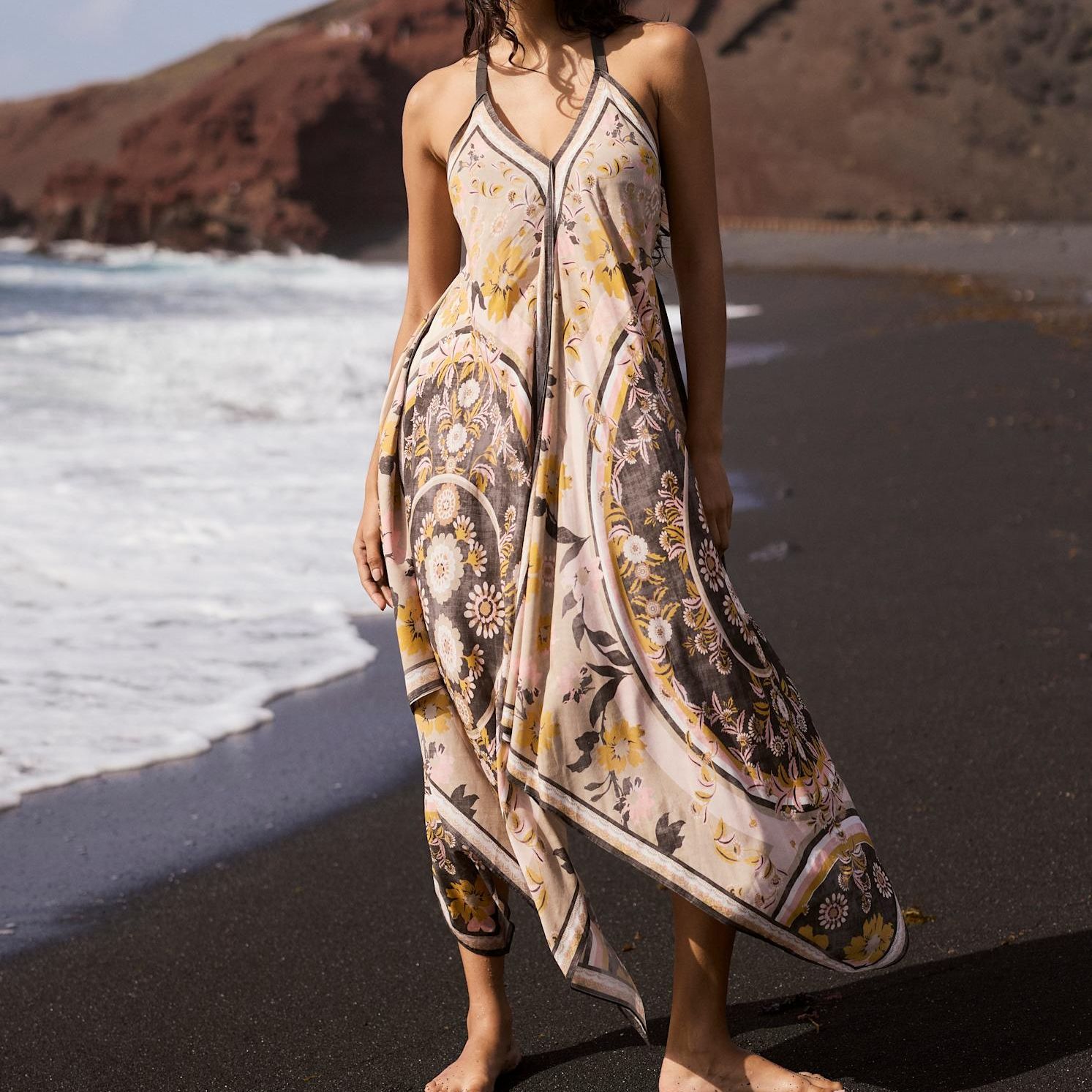 Neutral Floral Print Scarf Detail Maxi Dress