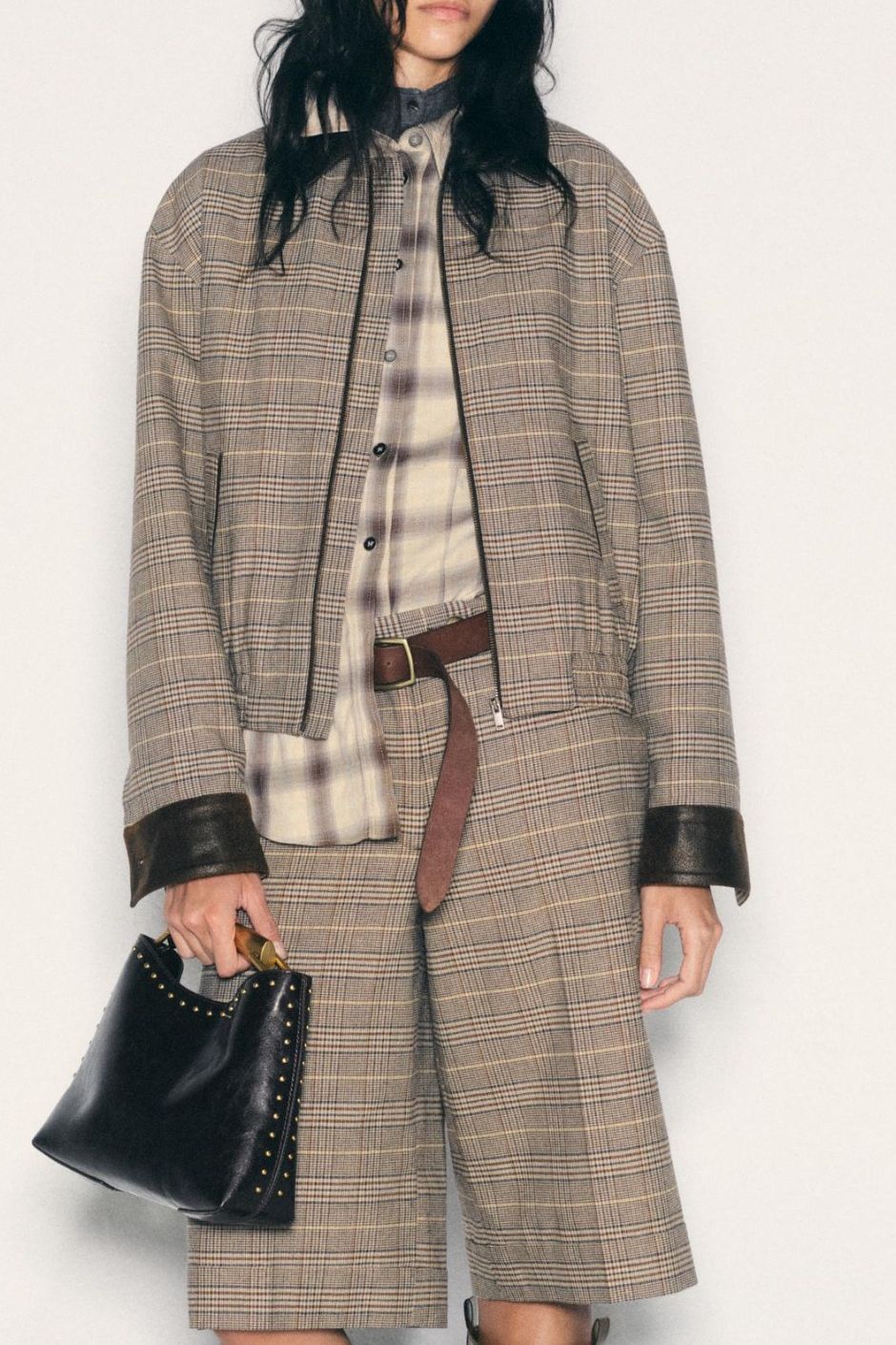 Combined Checkered Bomber Jacket - Brown-Blue - Xs