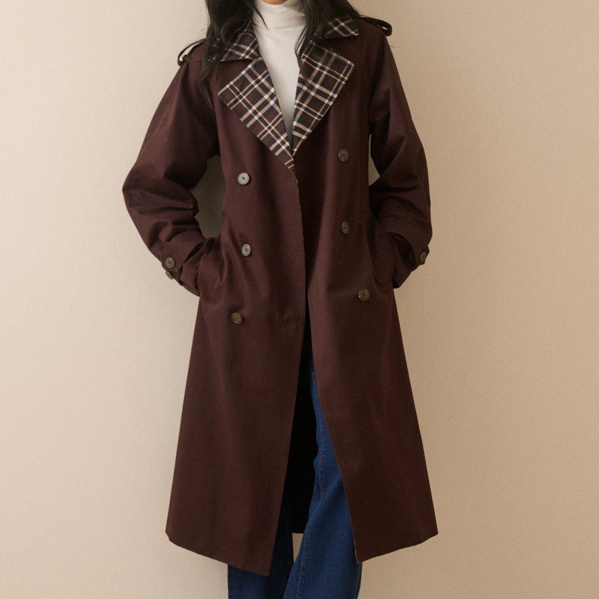 Chocolate Brown Tartan Trim Trench Coat