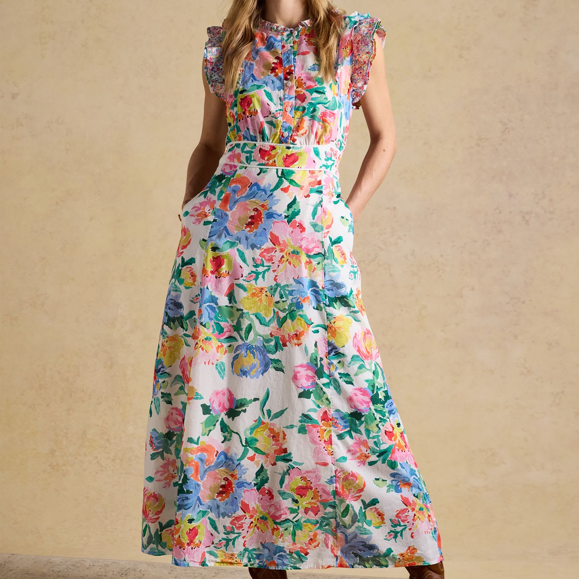 Pure Cotton Floral Frill Sleeve Maxi Dress