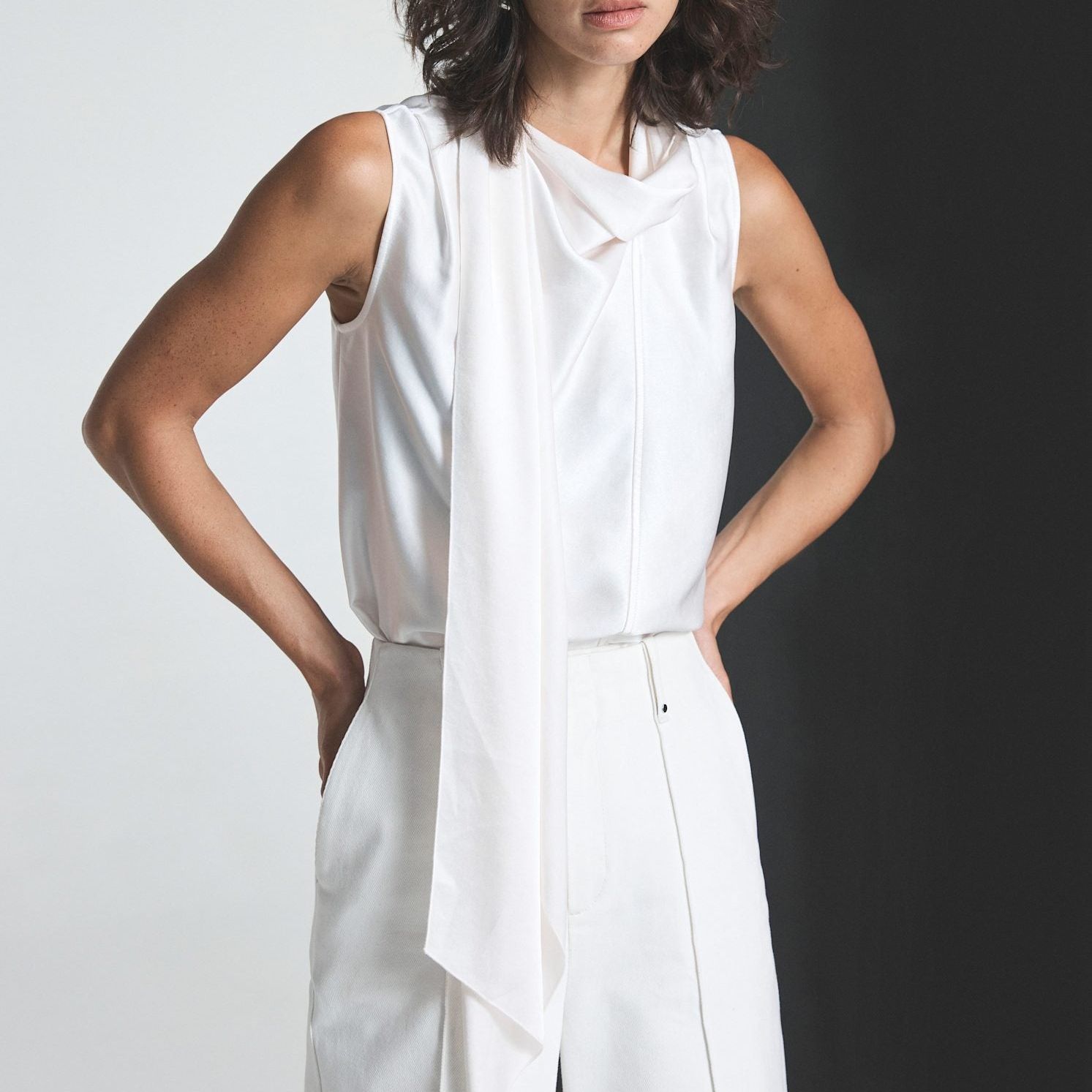 White Satin Scarf Detail Top