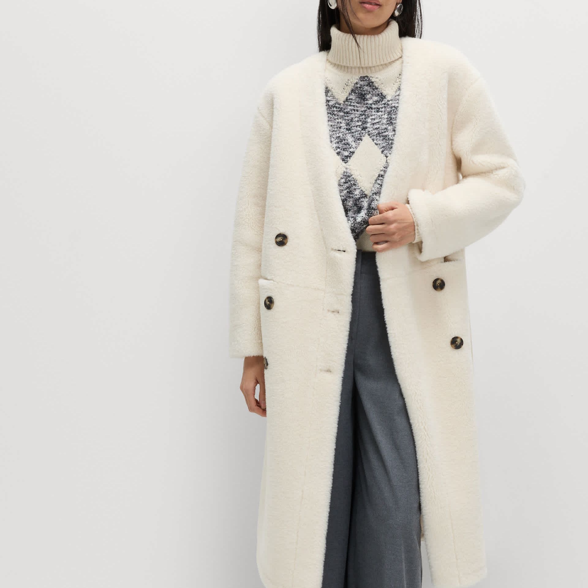 Borg Collarless Double Breasted Longline Coat