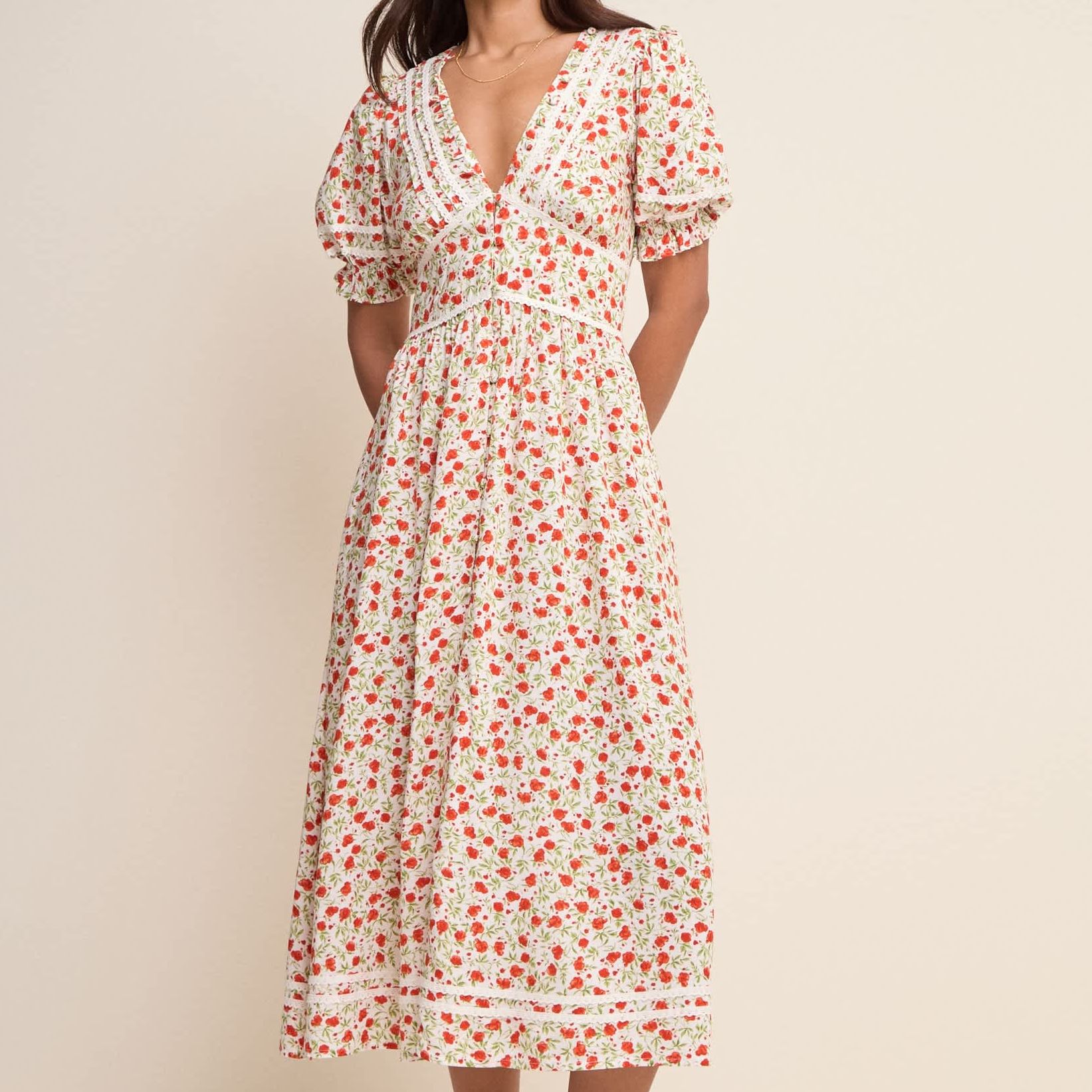 Floral V-Neck Puff Sleeve Midi Waisted Dress