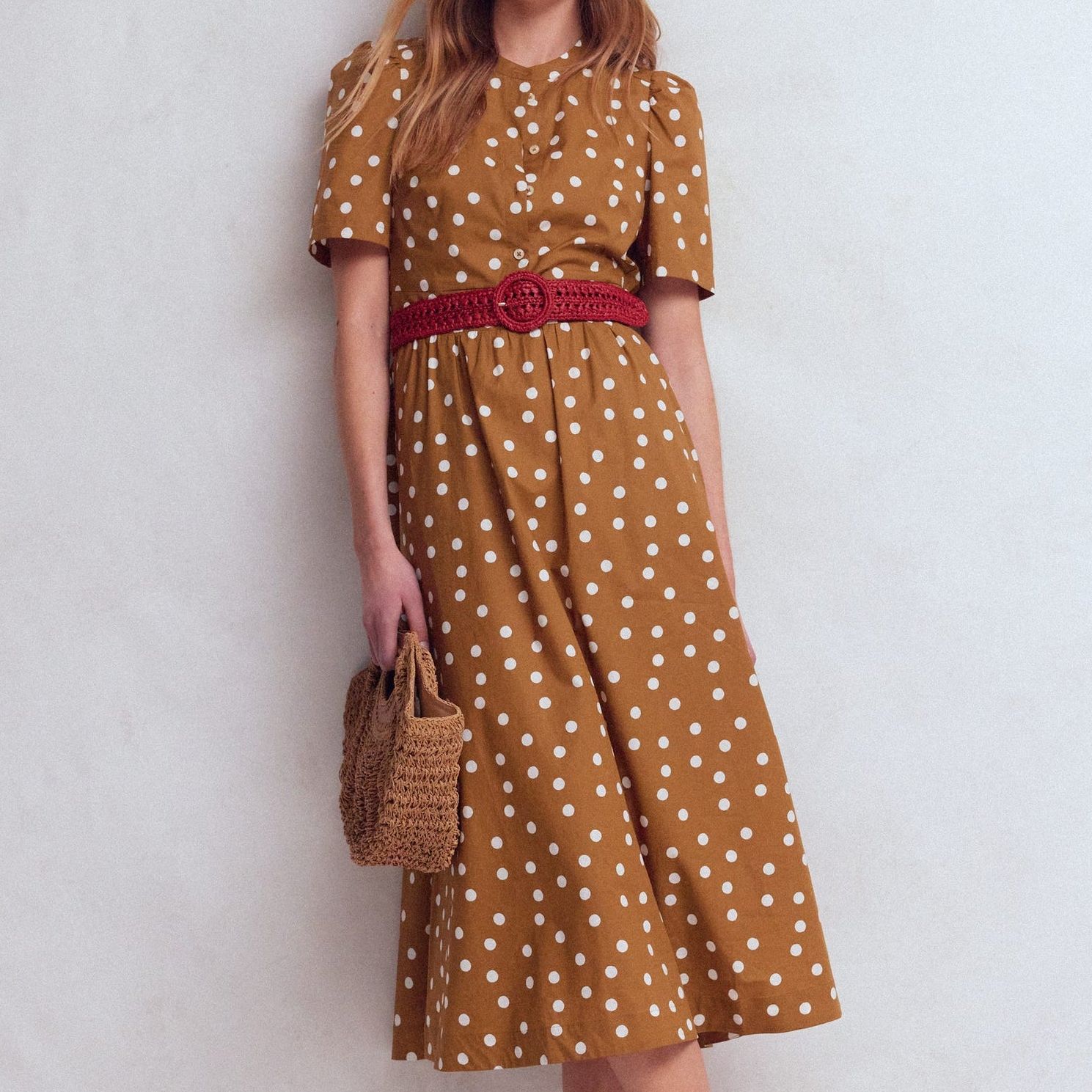 Ivy Button Cotton Midi Dress-Brown Painted Dot Spaced