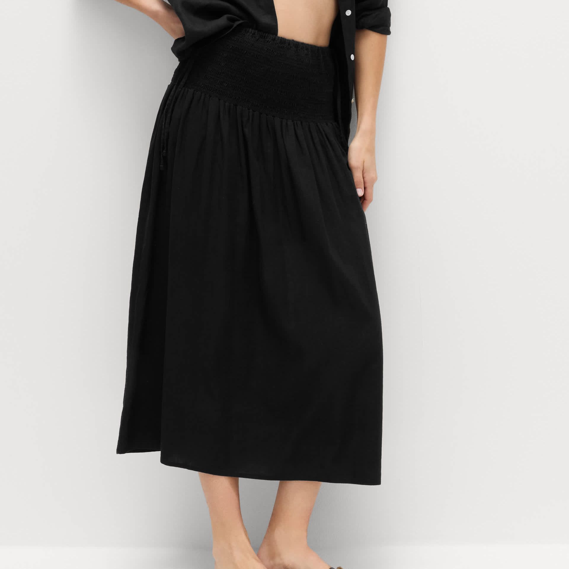 Linen Rich Shirred Tie Detail Maxi Skirt