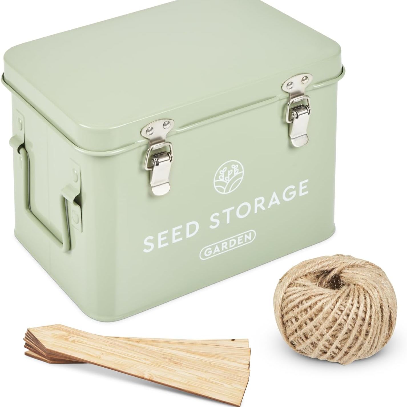 Seed Storage Box &amp;ndash; Metal Seed Packet Organizer With Garden String and Bamboo Plant Labels. Seed Container Storage Delivering Complete Seed Saving Organization for Every Garden Lover.