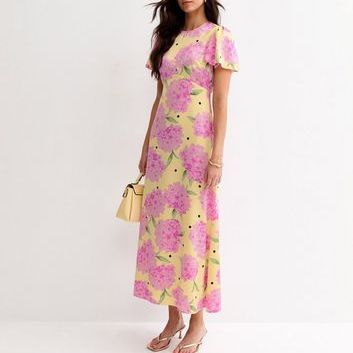 Yellow Floral Short Sleeve Midi Dress