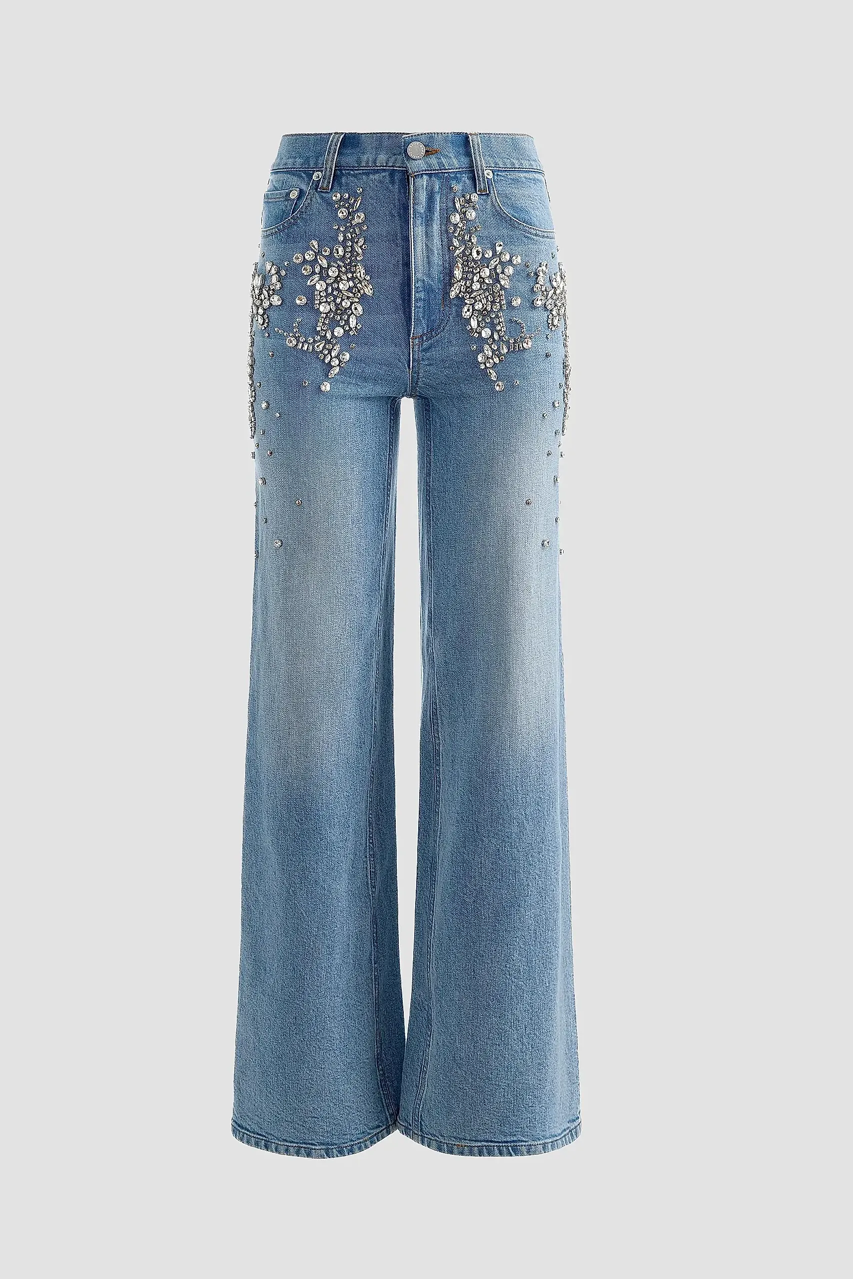 Chic Rhinestone-Embellished Wide-Leg Jeans